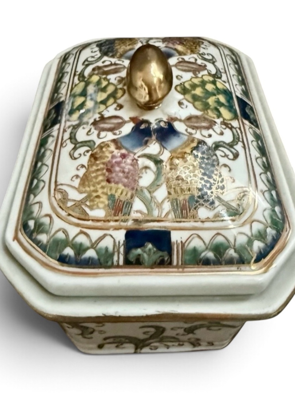 Japanese Imari Porcelain Box Lidded Box With Hand Painted Bird and Floral Decor